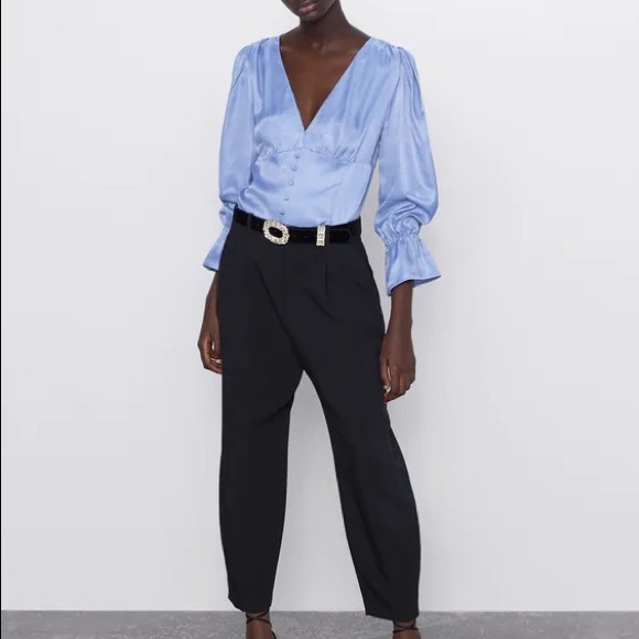 🛑SOLD🛑 Zara Satin Effect Button Top Long Sleeve Top Periwinkle - Picture 2 of 12